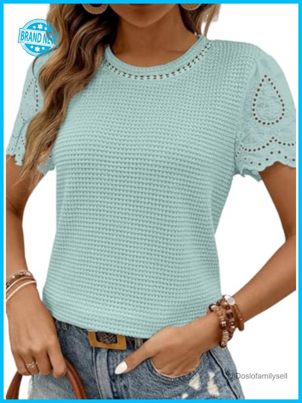 Waffle Knit Jacquard Blouse Embroidered Short Sleeve Crewneck Tee